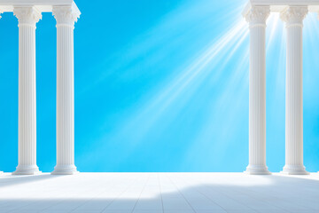 Elegant white columns bathed in sunlight under a bright blue sky at an outdoor location