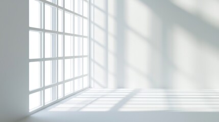 Poster - Bright light floods room through window, creating captivating geometric shapes. Empty space transformed into modern design with clean lines