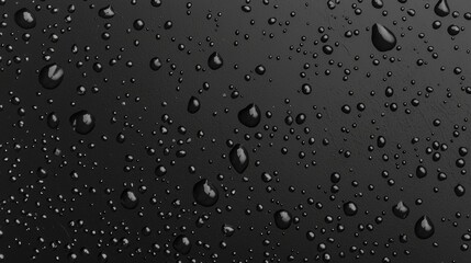 Poster - Slowly forming water droplets on sleek black surface create stunning abstract background, fresh liquid reflecting light with elegance