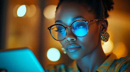 Fototapete - Tablet night reading business woman with glasses for social media marketing digital analytics or website review in office Manager entrepreneur or black woman check online international : Generative AI