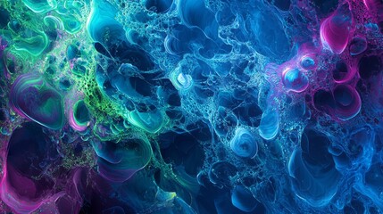 Poster - Mesmerizing blend of green and violet hues swirl in a vibrant, modern pattern evoking organic tissue under a microscope. Perfect for adding creativity and beauty to any project