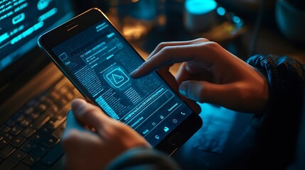 Fototapete - cyber security and Security password login online concept  Hands typing and entering username and password of social media log in with smartphone to an online bank account data protect : Generative AI