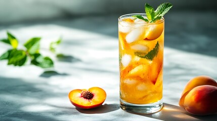 Poster - Refreshing peach iced mint tea The concept of a healthy homemade cold summer drink in a tall glass on a light background with fresh fruit and shadows Front view and copy space : Generative AI