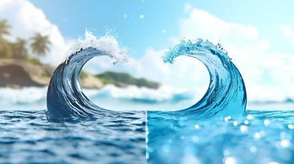 Blue Ocean Waves with White Foam and Defocused Island in Background