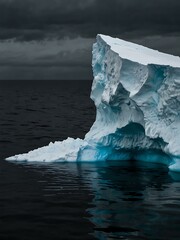 Iceberg partially submerged in dark sea waters.