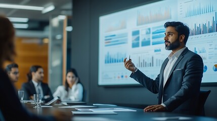Poster - Modern South Asian Business Office Meeting Confident Indian Manager Uses Interactive Display Makes Report to a Group of Corporate Partners Shows Statistics Growth and Financial Analyti : Generative AI