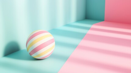 Poster - Striped ball casting shadows on pink and blue geometric background, perfect for product placement, mockups, ads, banners, and social media. Bright, trendy, playful design evokes happiness and energy