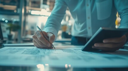 Aufkleber - Close up of smart business team hand working together to plan design while looking at project plan from tablet and discussing about blueprint and building construction at meeting table : Generative AI