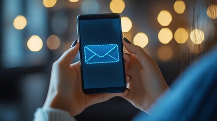 Leinwandbilder - Email app on smartphone screen with business person reading messages from inbox with wireless internet access on mobile phone communication technology : Generative AI
