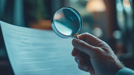Fototapete - business document management file corporate information laptop folder professional paper close up to hand hold magnifier to search file to management document is important too business : Generative AI