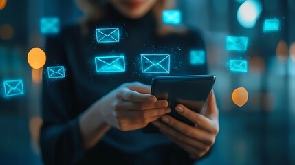 Leinwandbilder - Business person reading emails on smartphone and laptop computer screen online communication and marketing concept : Generative AI