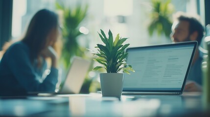 Leinwandbilder - Digital tablet meeting and business people with laptop in office for creative thinking or brainstorming Team collaboration and online planning search and discussion for email marketing : Generative AI