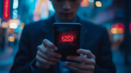 Poster - Business man using smartphone and computer that show warning sign after got attack phishing email by malware from hacker that commit cyber crime or software crash to cause an error : Generative AI