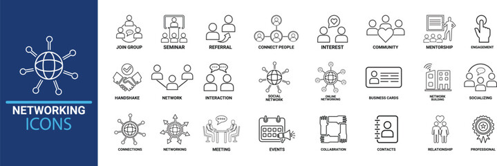 Aufkleber - Line art Networking icon set. Containing network, connections, relationship, online networking, community, events and social network icons. Solid icon collection. Vector illustration.