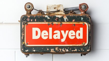 Vintage Delayed Sign on Weathered Mechanical Box Against White Wall - Stock Photo