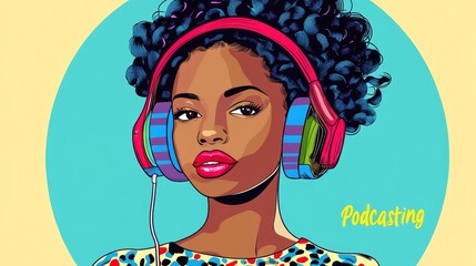 Vibrant Female Podcaster with Headphones in Pop Art Style for Engaging Multimedia Content