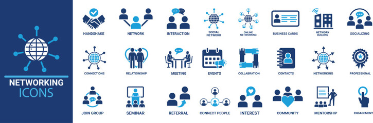 Aufkleber - Networking icon set. Containing network, connections, relationship, online networking, community, events and social network icons. Solid icon collection. Vector illustration.