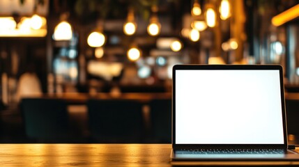 Poster - Laptop on Table in a Blurred Cafe Setting