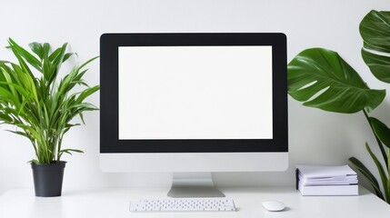 Poster - Modern Workspace with Blank Computer Screen and Plants
