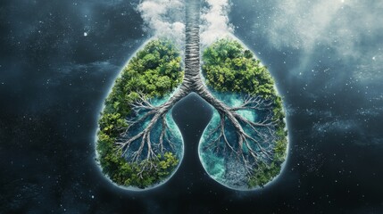 Lungs represented with lush green trees indicating the importance of nature and clean air in health