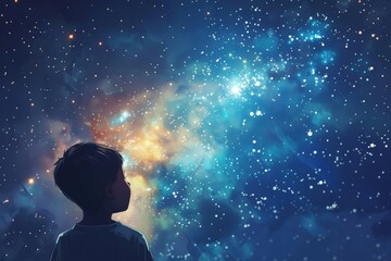 Wall Mural - a boy is looking up at the stars in a blue sky. generative ai image
