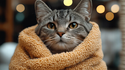 Poster - A gray tabby cat snuggles in a fuzzy blanket.