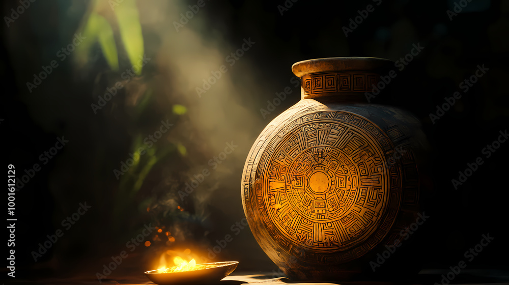 Ancient jar with aztec calendar stone pattern, lit by flickering ...