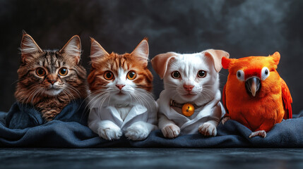 three pets, two cats and a dog, dressed in white shirts.