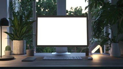 Poster - Modern Workspace with Computer and Plants