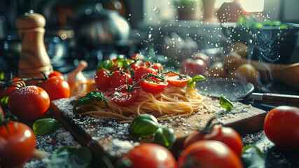 Wall Mural - cooking in the kitchen, close up of a making delicious foods in the kitchen, food on the table