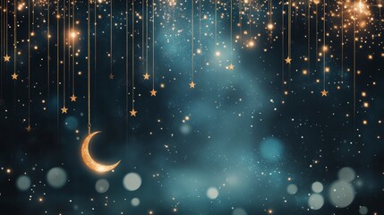 Wall Mural - A sparkling crescent moon shines brightly among twinkling stars in a night sky filled with magic