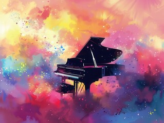 colorful music day banner with grand piano and abstract dust background digital illustration