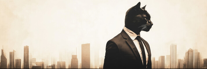 Poster - Black cat in a suit with a city skyline in the background.