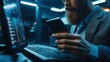 © rahwik - Businessman hipster holds telephone background of computer keyboard in office clodeup. Make transaction money mobile wallet cryptocurrency payment for goods services remote access management concept