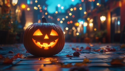 jack o lantern halloween holiday orange pumpkin on the street in the dark background bokeh lights orange blue night decoration
