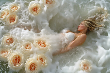 Beautiful woman portrait with flowers in water