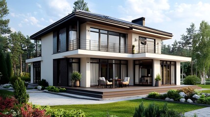 Modern two story house with large windows, balcony and patio. Exterior design with landscaping.