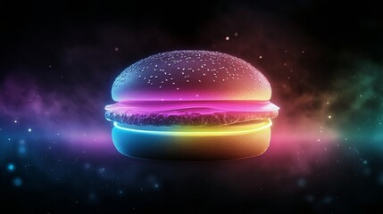 Wall Mural - A colorful, glowing hamburger against a dark, cosmic background with vibrant hues and sparkles