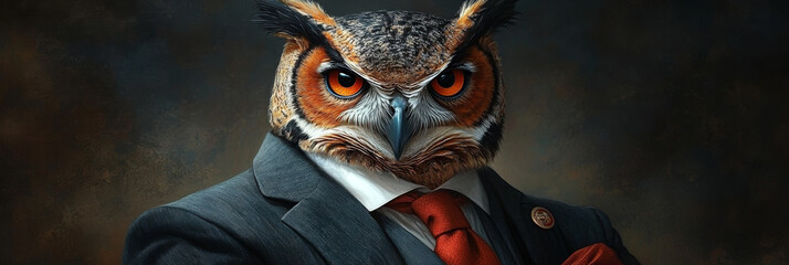 Wall Mural - An owl in a suit stares intensely at the camera.