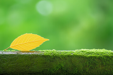 Wall Mural - a vibrant yellow leaf resting on a moss-covered log in a serene forest setting
