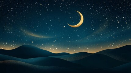 Wall Mural - A sparkling crescent moon shines brightly among twinkling stars in a night sky filled with magic