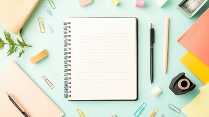 Poster - An open notebook with a blank page, a pen resting on top, surrounded by various office supplies like a stapler, a tape dispenser, and a folder.