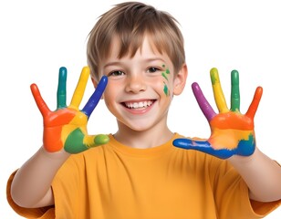 A young boy , smiling and showing his colorful painted hands in front of a white background