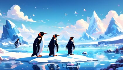 Wall Mural - Charming penguins exploring a stunning frozen landscape in vivid game art wallpaper