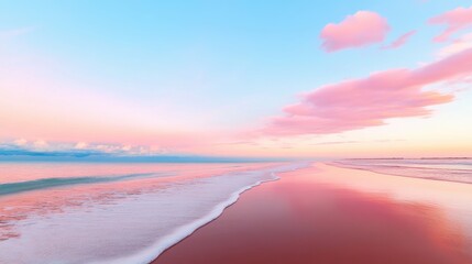 A view of a beach at sunrise, with the sky painted in warm hues of pink and orange.