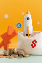 Wall Mural - A mini rocket stands in a fabric bag beside stacks of coins, symbolizing investment and growth