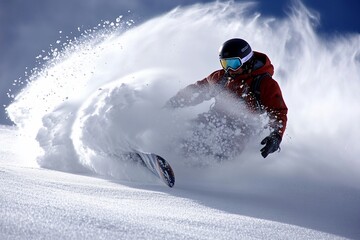 A snowboarder carves through fresh powder, creating a cloud of white snow as he rides down a mountain slope.