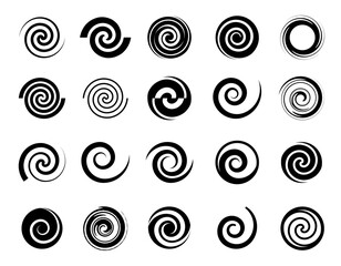 Poster - Spiral logo. Swirl and radial twist pattern or circle black splash template. Speed silhouette. Circular whirl. Rotation motion. Minimal shape. Abstract vortex shape. Vector flat icons set