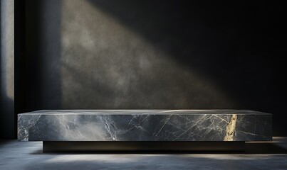 Wall Mural -  3D product table in an empty studio against a black wall. Podium for presentation. Concrete dark surface. Marble luxury countertop mockup. 