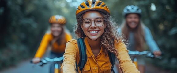 Happy Woman in Yellow Cycling in Nature